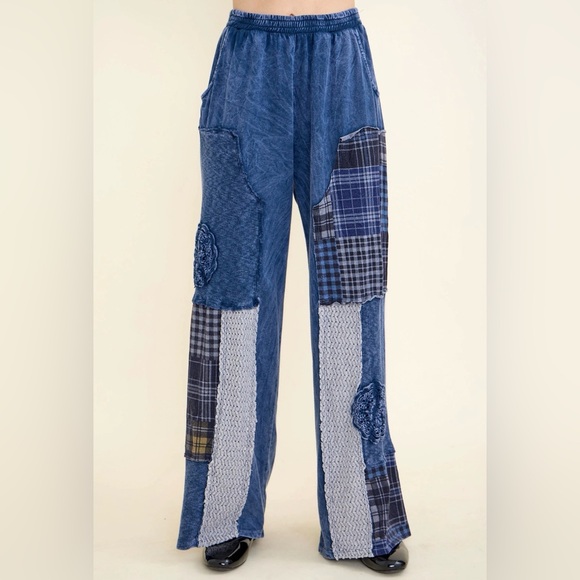 J.Her Pants - JB2 J.Her Boho Patchwork Mineral Washed Plaid Patched Doily Pant
